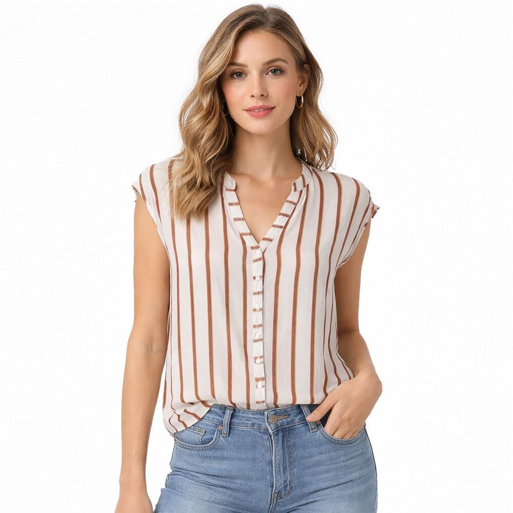 Torrid Blouse Womens L Plus White Stripe V Neck Button Cap Sleeve Made In USA